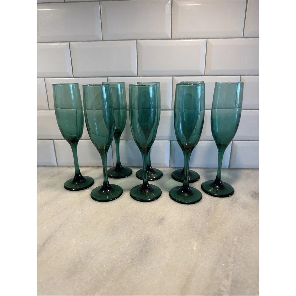 Set Of 8 Vintage Libbey Teardrop Juniper Green Fluted Champagne Glasses GW0001